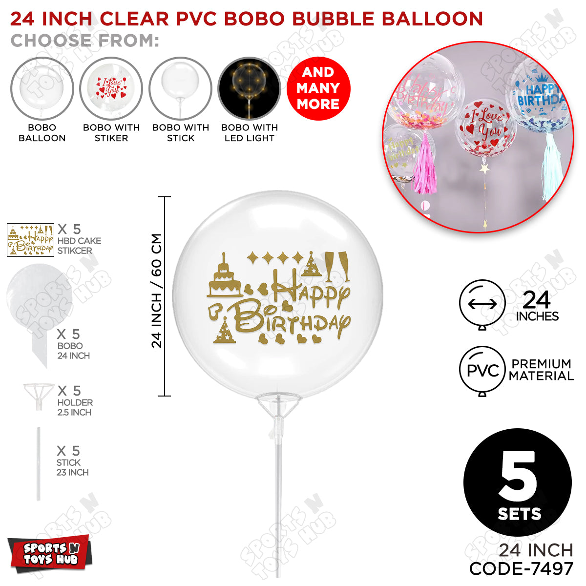 Happy Birthday Gold Color Sticker with Clear BOBO Balloon & Stick Kit