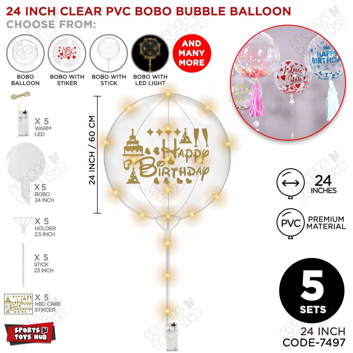 Happy Birthday Gold Color Sticker With BOBO Balloon Stick & LED Light