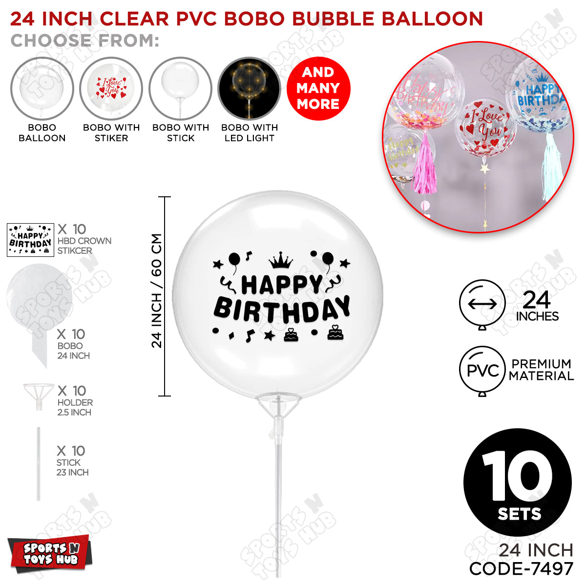 Happy Birthday Black Color Sticker With Bobo Balloon & Stick