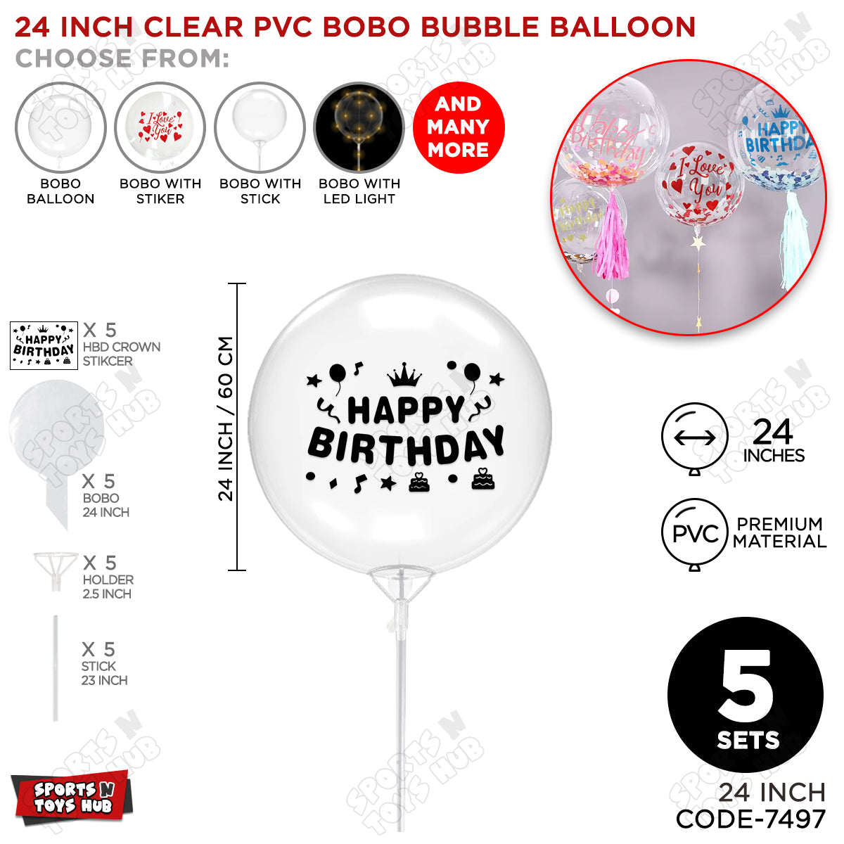 Happy Birthday Black Color Sticker With Bobo Balloon & Stick