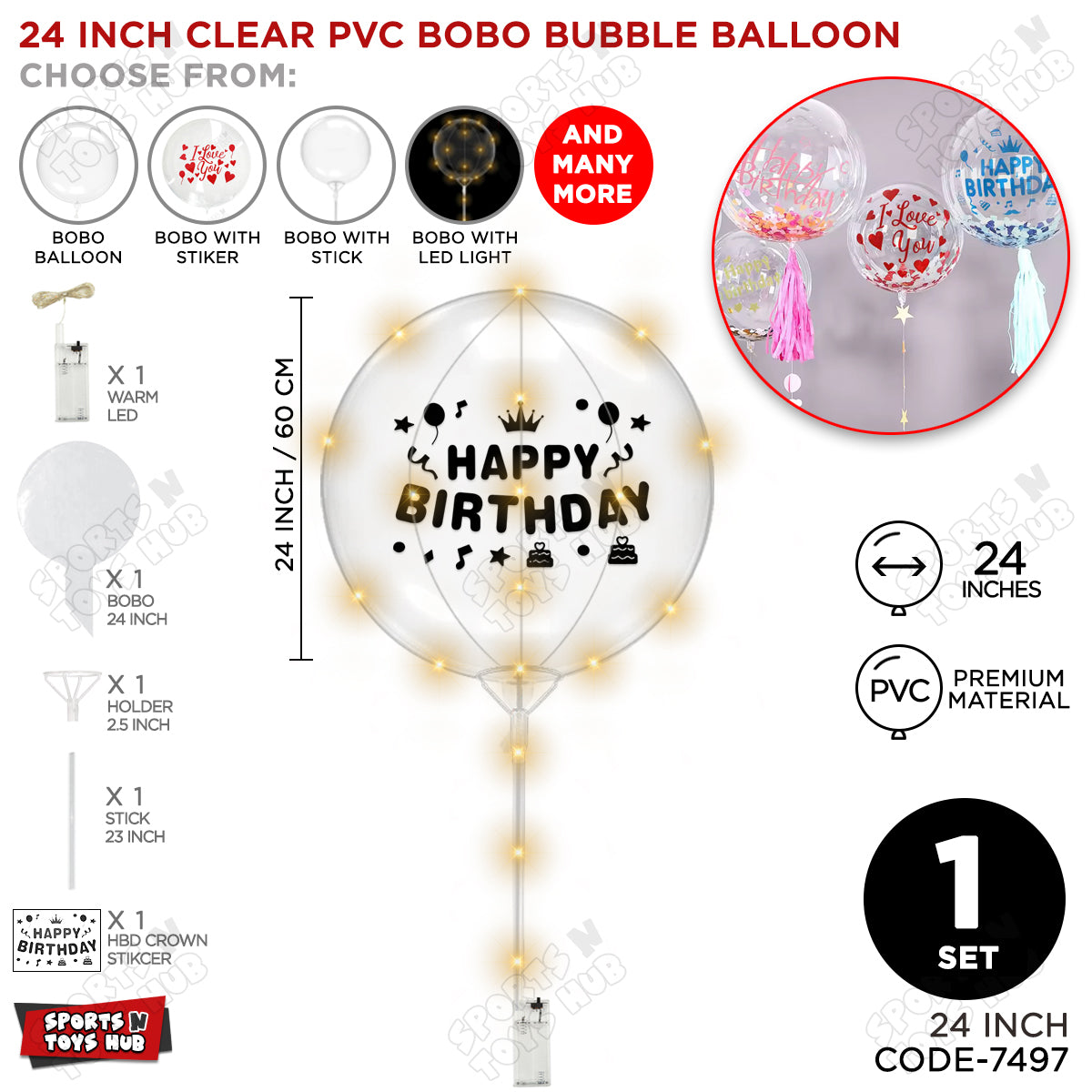 Happy Birthday Black Color Sticker With BOBO Balloon Stick & LED Light