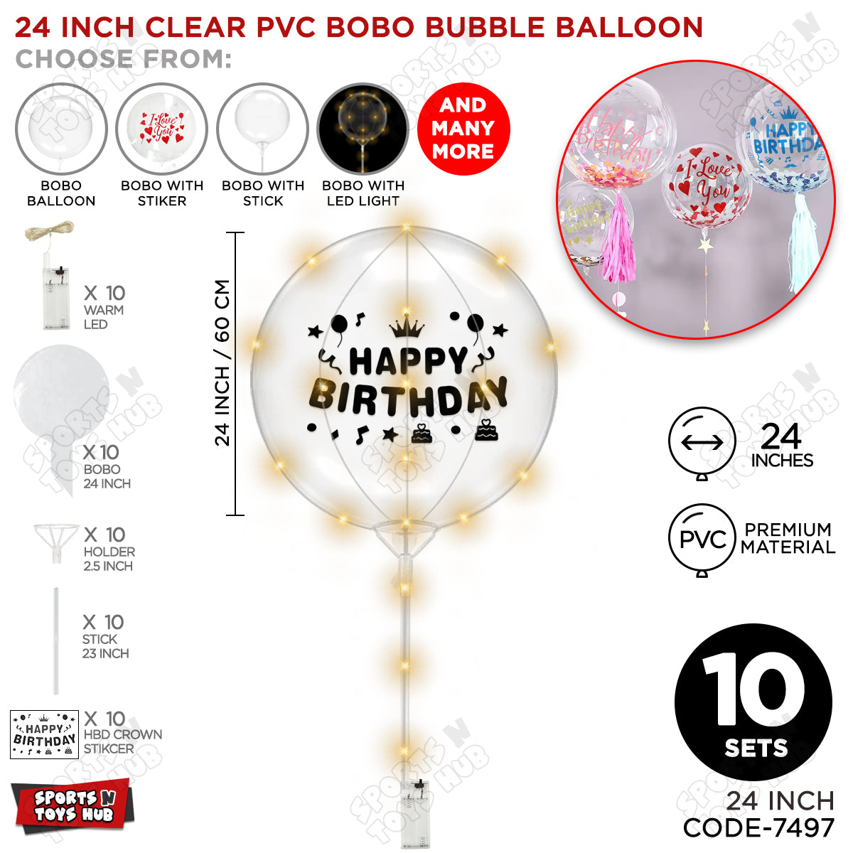 Happy Birthday Black Color Sticker With BOBO Balloon Stick & LED Light