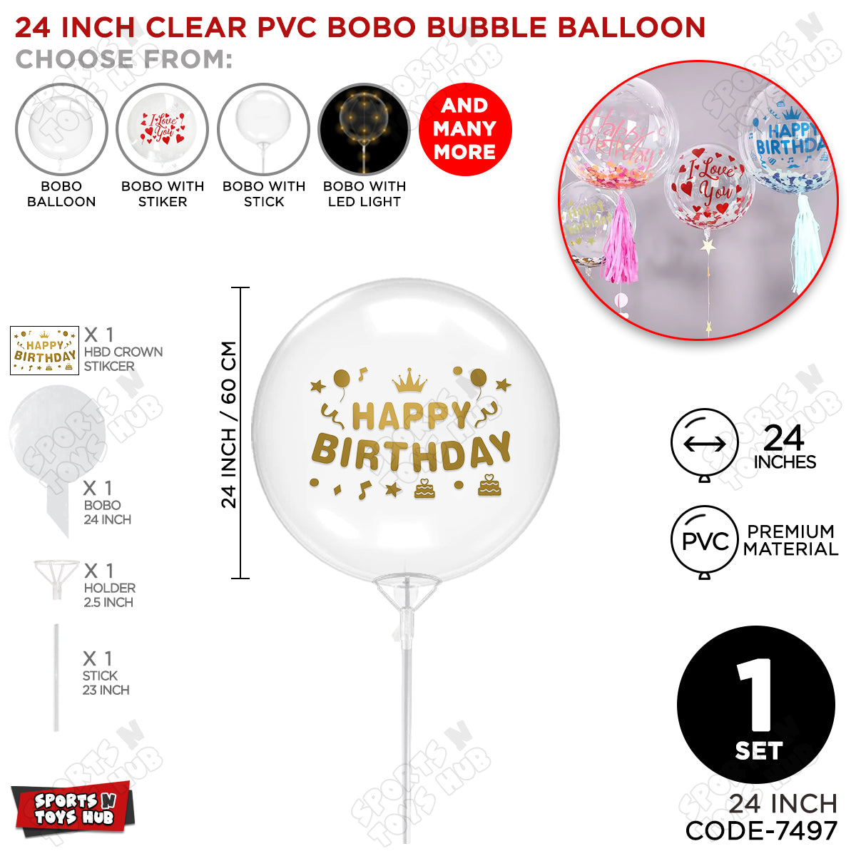 Happy Birthday Dull Gold Color Sticker With Bobo Balloon & Stick