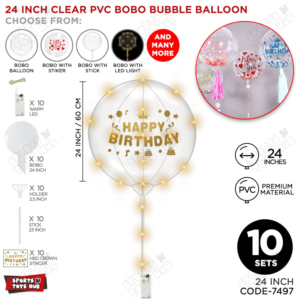 Happy Birthday Dull Gold Color Sticker With BOBO Balloon Stick & LED Light