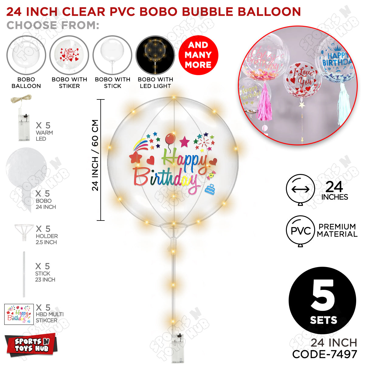 Happy Birthday Multi Color Sticker With BOBO Balloon Stick & LED Light