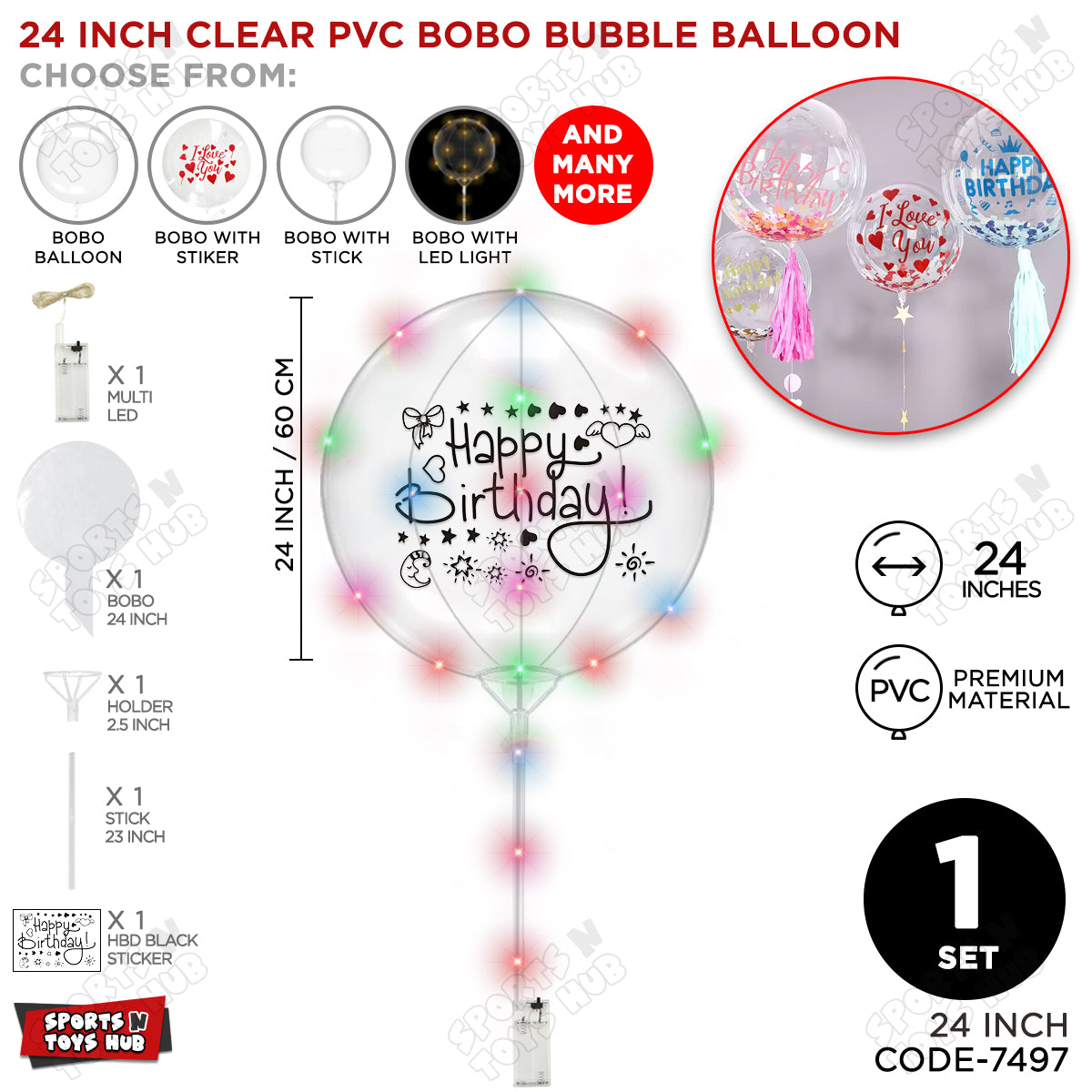 Happy Birthday Black Color Sticker With BOBO Balloon Stick & LED Light