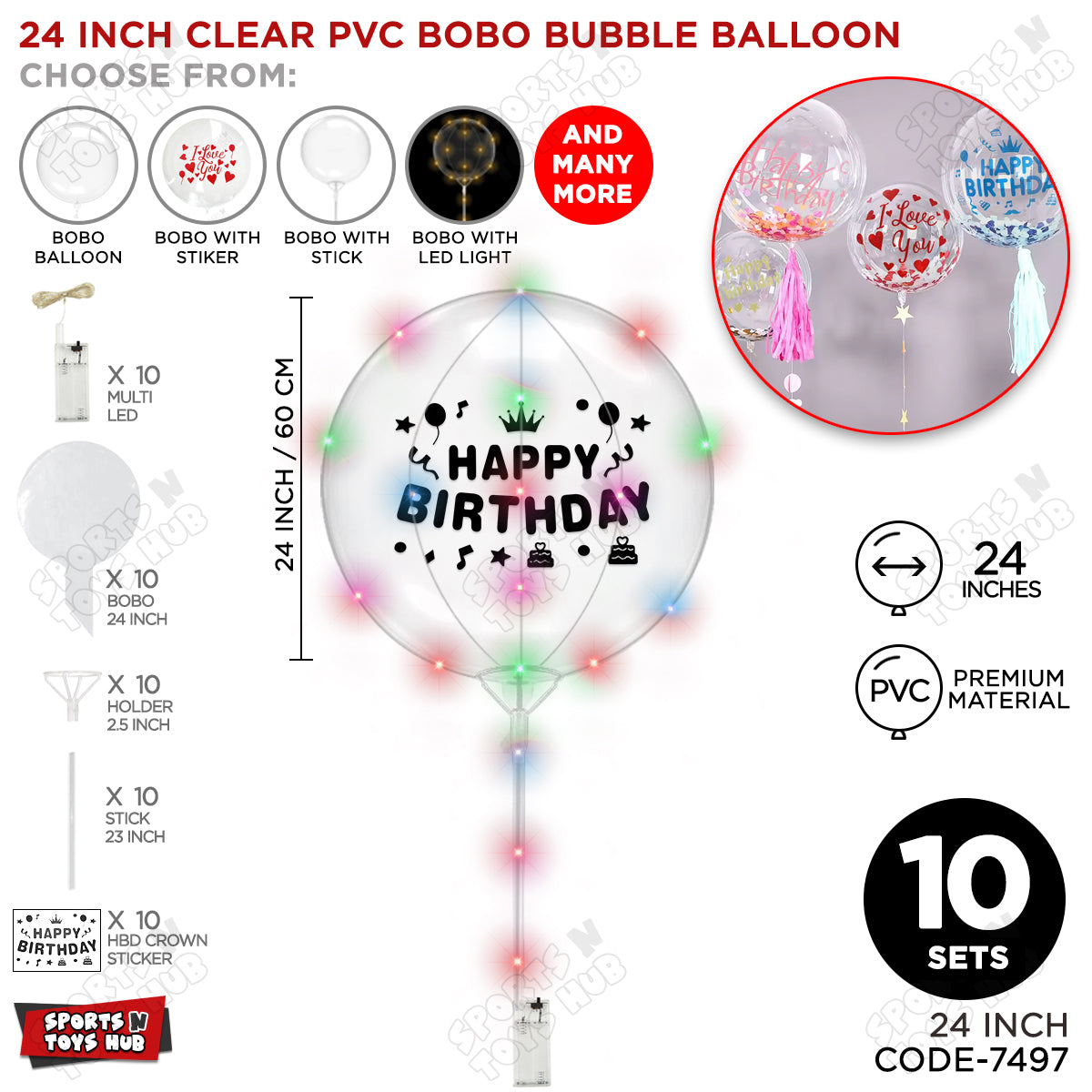 Happy Birthday Black Color Sticker With BOBO Balloon Stick & LED Light