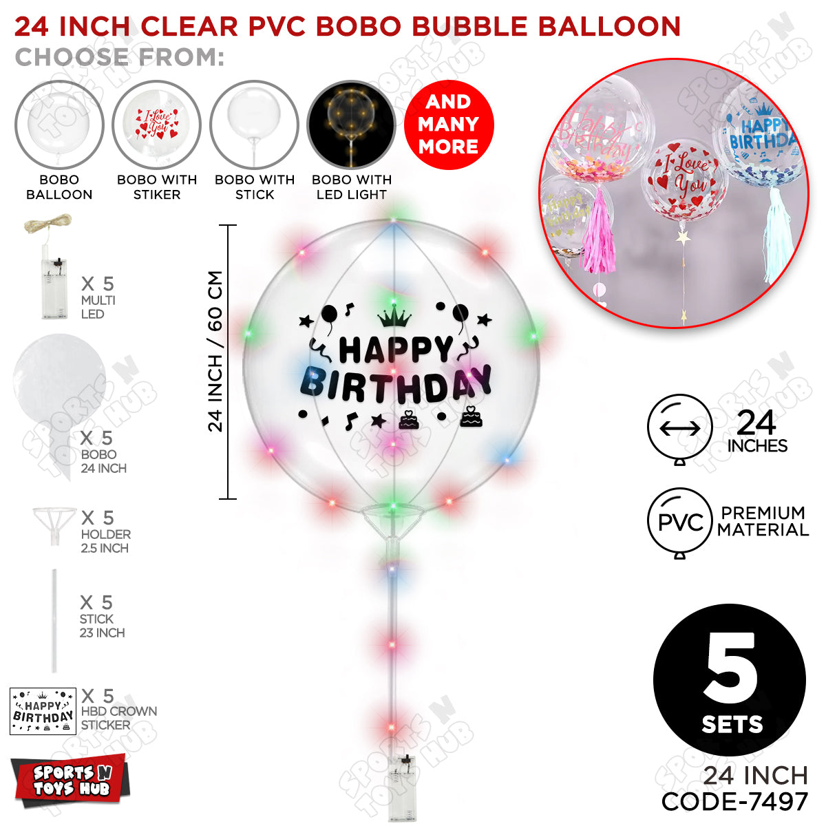 Happy Birthday Black Color Sticker With BOBO Balloon Stick & LED Light