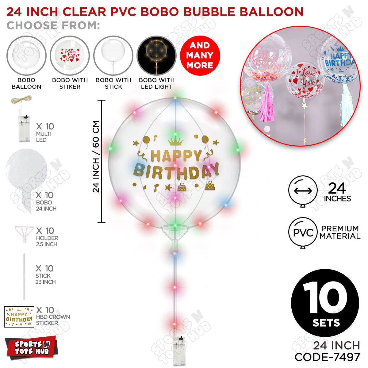 Happy Birthday Dull Gold Color Sticker With BOBO Balloon Stick & LED Light