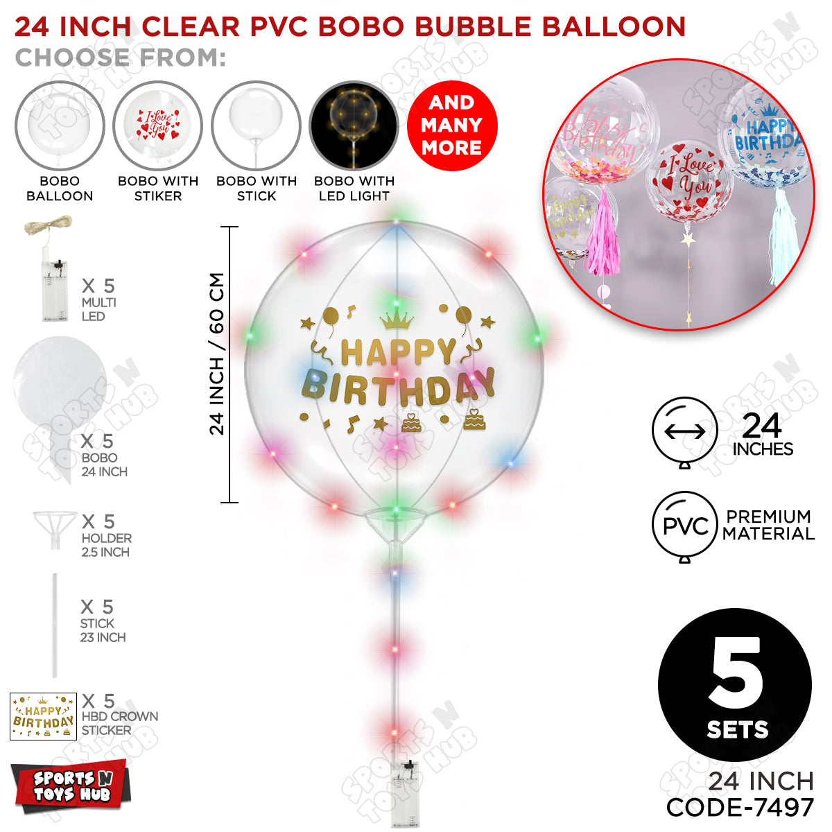 Happy Birthday Dull Gold Color Sticker With BOBO Balloon Stick & LED Light
