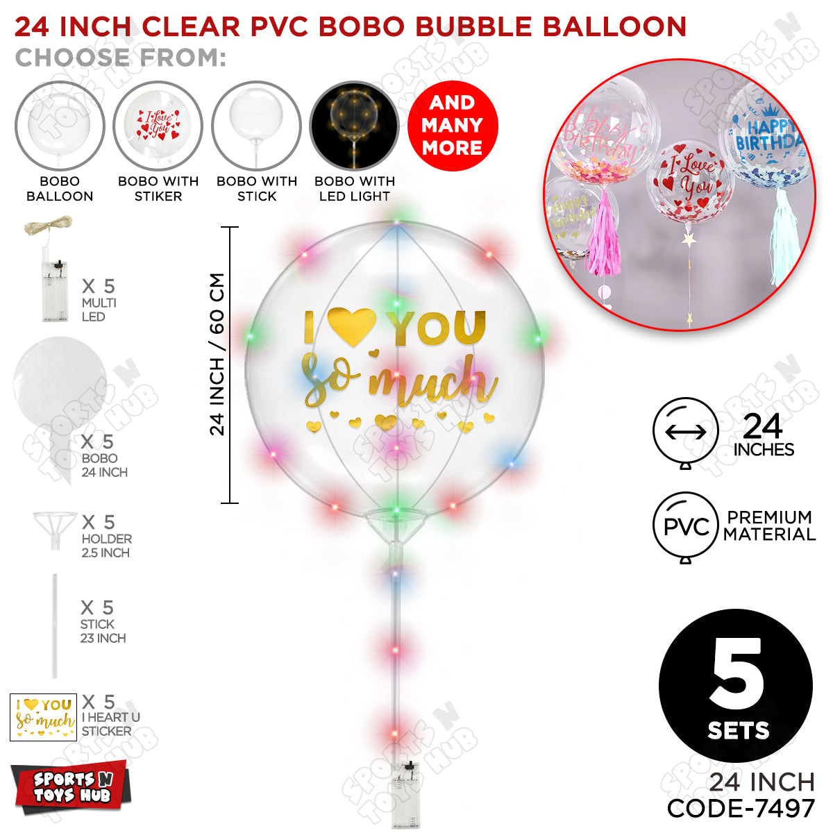I Love You So Much Gold Color Sticker With BOBO Balloon Stick & LED Light