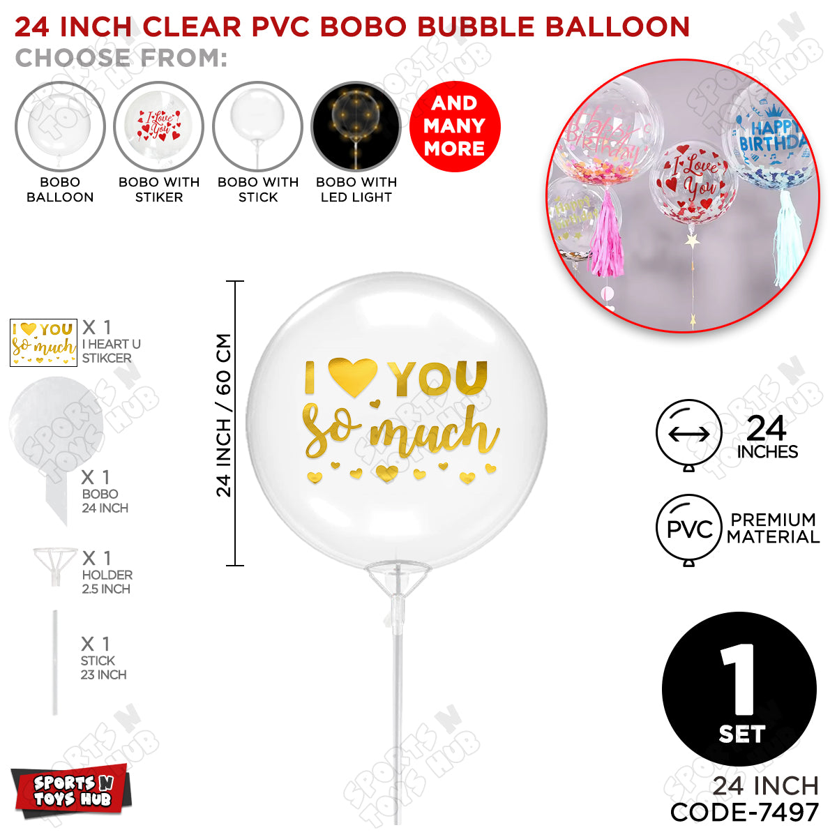 I love You Soo Much Gold Color Sticker With Bobo Balloon & Stick