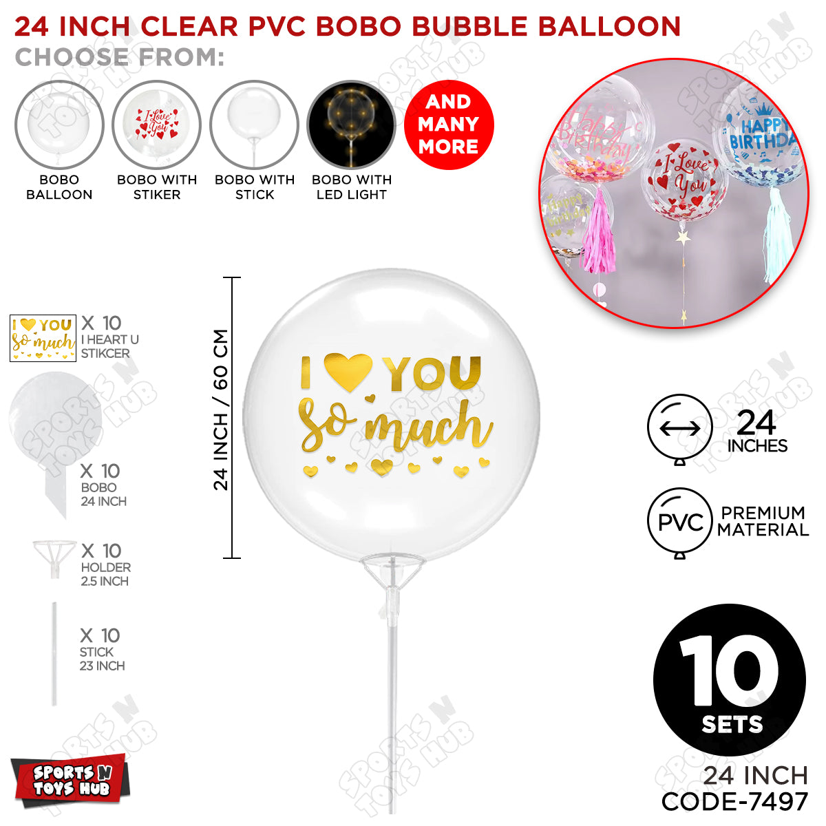 I love You Soo Much Gold Color Sticker With Bobo Balloon & Stick