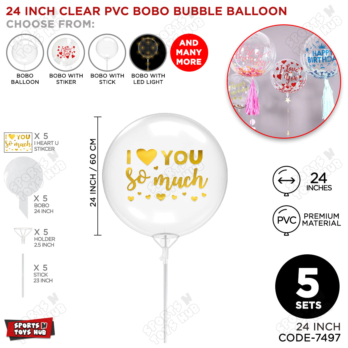 I love You Soo Much Gold Color Sticker With Bobo Balloon & Stick