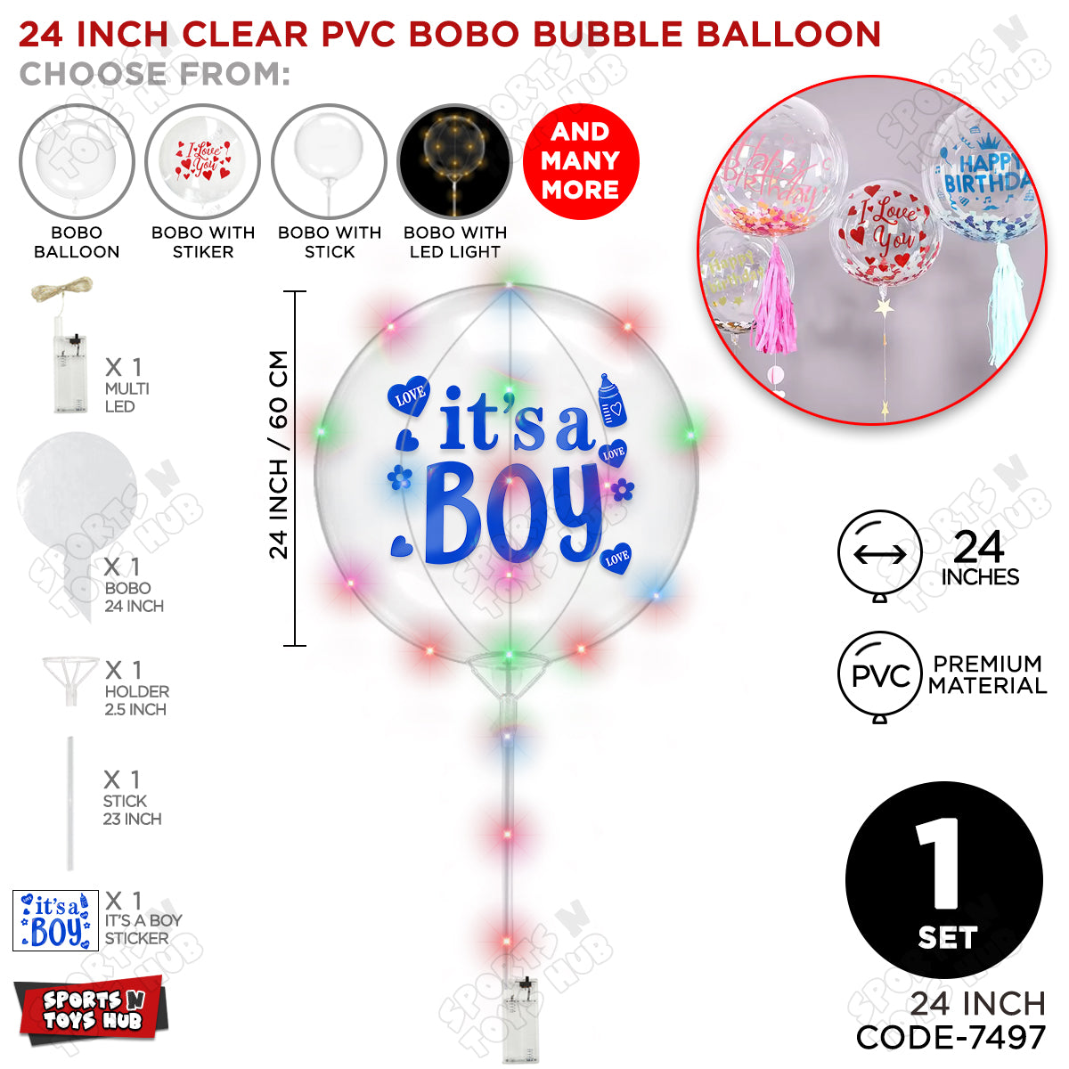 18, 24 & 36 Inch It’s a Boy Blue Bobo Bubble Balloon with Stick & LED Light – Pack of 1, 5 & 10 Baby Boy Announcement Balloon, Gender Reveal, Baby Shower Decoration, Party Decor & Photo Booth