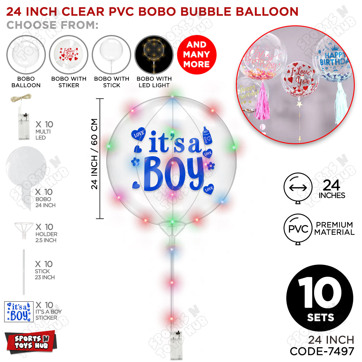 18, 24 & 36 Inch It’s a Boy Blue Bobo Bubble Balloon with Stick & LED Light – Pack of 1, 5 & 10 Baby Boy Announcement Balloon, Gender Reveal, Baby Shower Decoration, Party Decor & Photo Booth