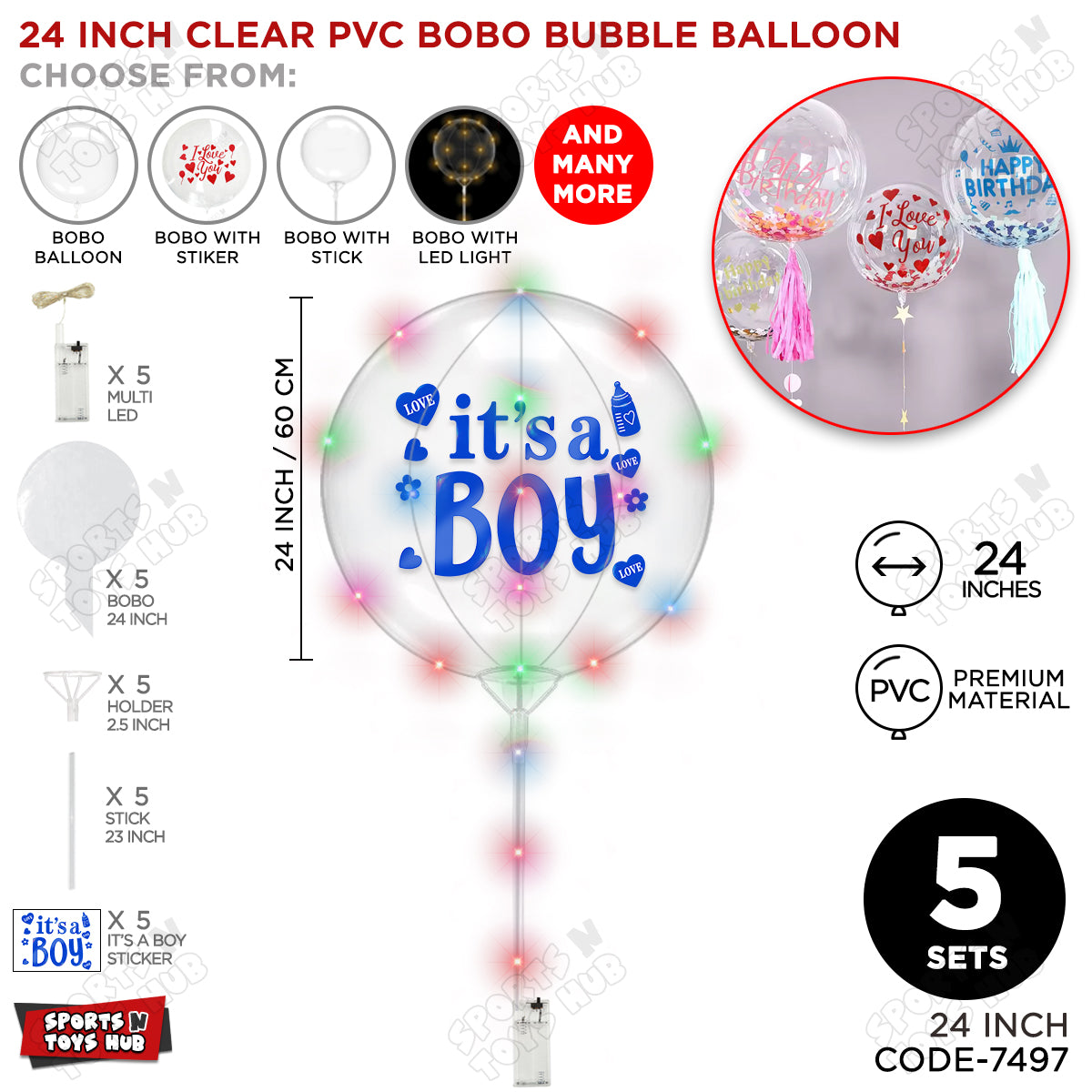 18, 24 & 36 Inch It’s a Boy Blue Bobo Bubble Balloon with Stick & LED Light – Pack of 1, 5 & 10 Baby Boy Announcement Balloon, Gender Reveal, Baby Shower Decoration, Party Decor & Photo Booth