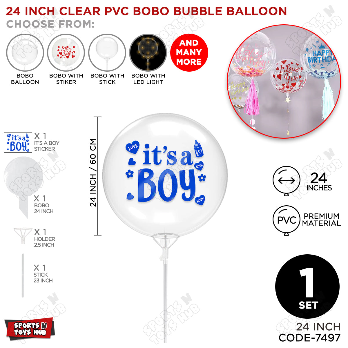 18, 24 & 36 Inch Clear PVC Bobo Bubble Balloons With Stick – Pack of 1, 5 & 10, Transparent Balloon with It’s a Boy Sticker, Baby Shower, Gender Reveal, Baby Boy Announcement & Party Decoration