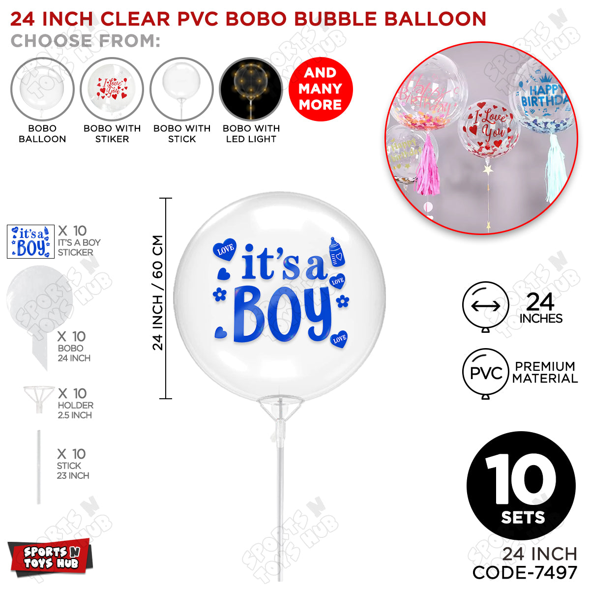18, 24 & 36 Inch Clear PVC Bobo Bubble Balloons With Stick – Pack of 1, 5 & 10, Transparent Balloon with It’s a Boy Sticker, Baby Shower, Gender Reveal, Baby Boy Announcement & Party Decoration