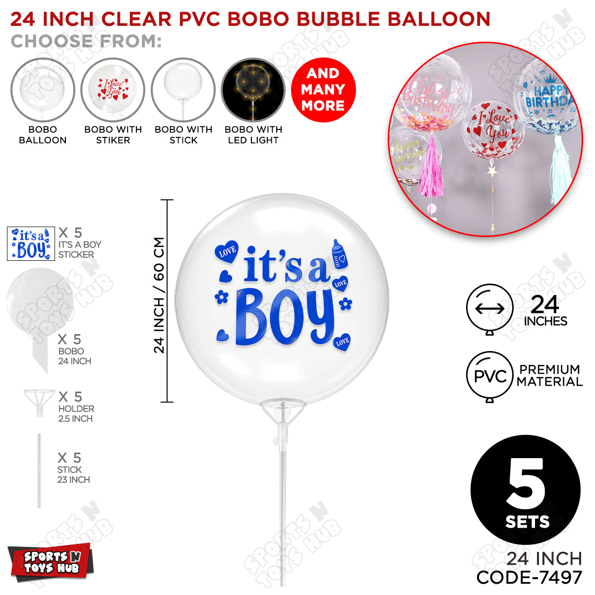 18, 24 & 36 Inch Clear PVC Bobo Bubble Balloons With Stick – Pack of 1, 5 & 10, Transparent Balloon with It’s a Boy Sticker, Baby Shower, Gender Reveal, Baby Boy Announcement & Party Decoration