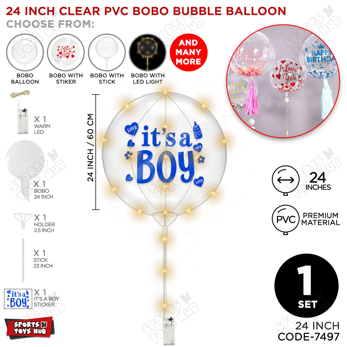 18, 24 & 36 Inch It’s a Boy Blue Bobo Bubble Balloon with Stick & LED Light – Pack of 1, 5 & 10 Baby Boy Announcement Balloon, Gender Reveal, Baby Shower Decoration, Party Decor & Photo Booth