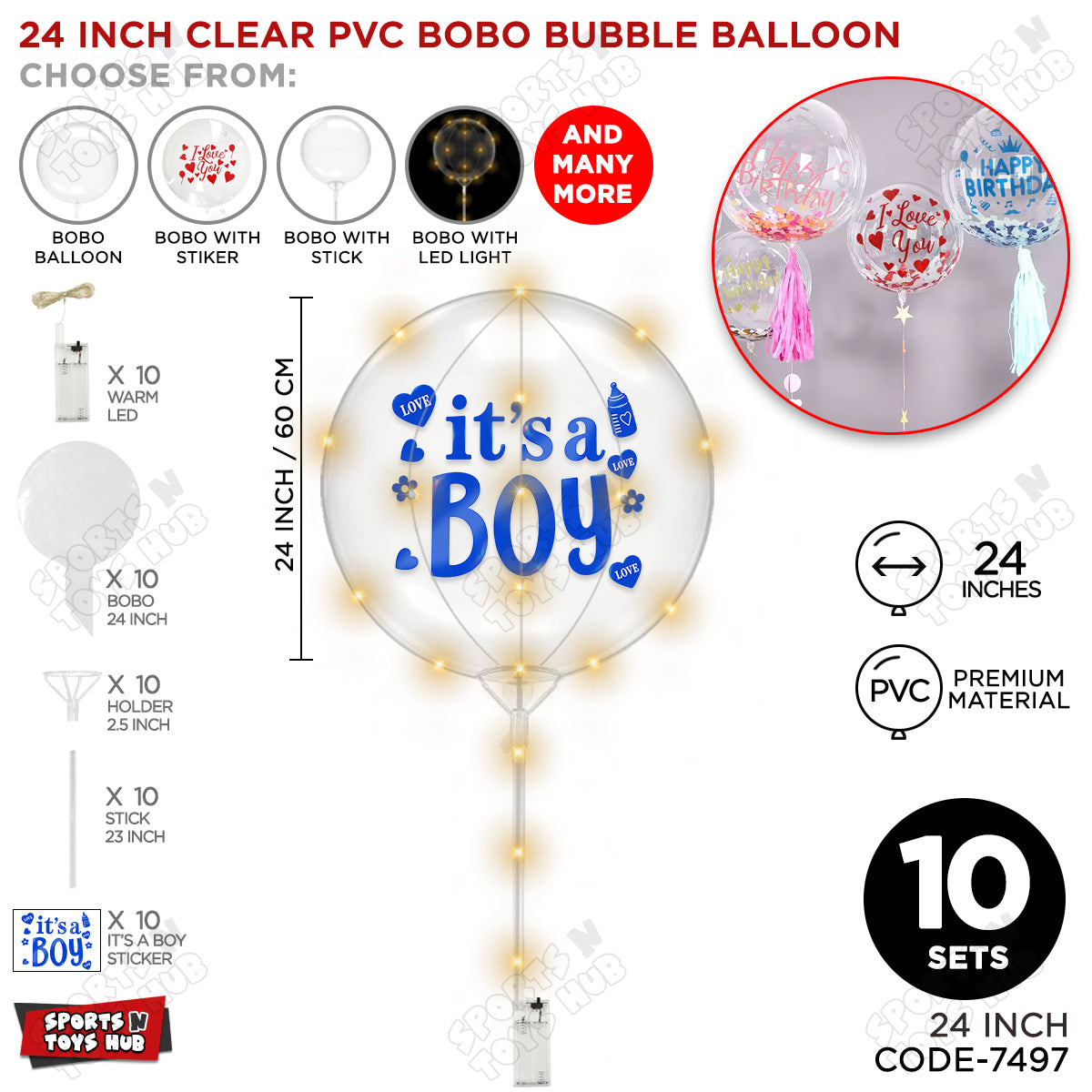 18, 24 & 36 Inch It’s a Boy Blue Bobo Bubble Balloon with Stick & LED Light – Pack of 1, 5 & 10 Baby Boy Announcement Balloon, Gender Reveal, Baby Shower Decoration, Party Decor & Photo Booth