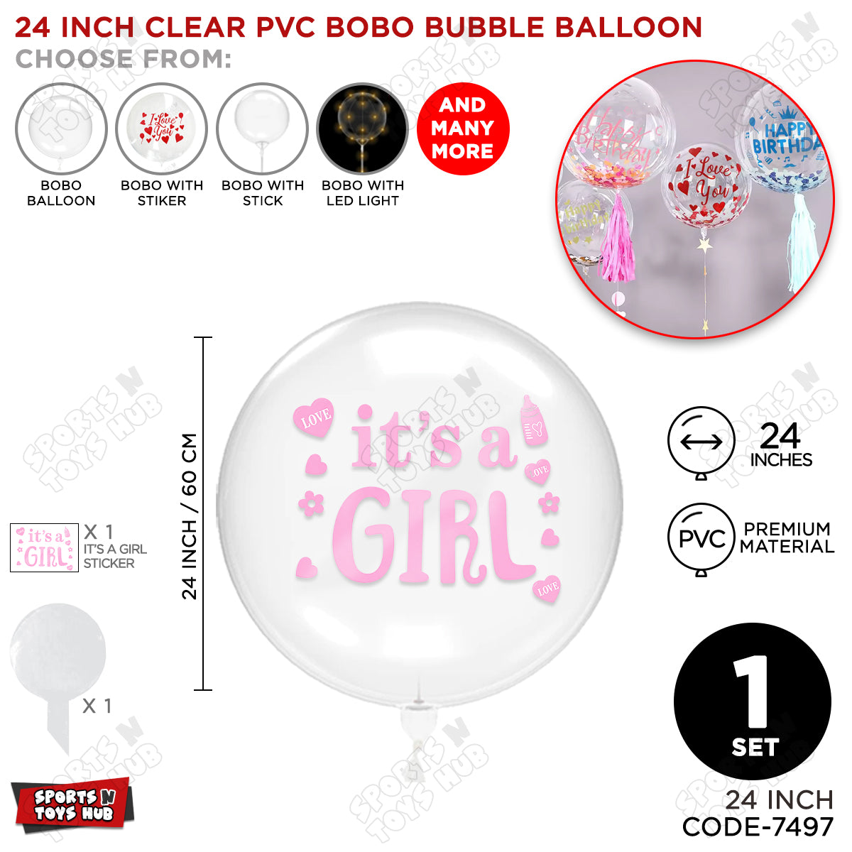 18, 24 & 36 Inch Clear PVC Bobo Bubble Balloon with “It’s a Girl” Pink Sticker – Pack of 1, 5 & 10 Baby Girl Announcement Balloon, Gender Reveal, Baby Shower Decoration, Pink Party Decor & Photo Booth