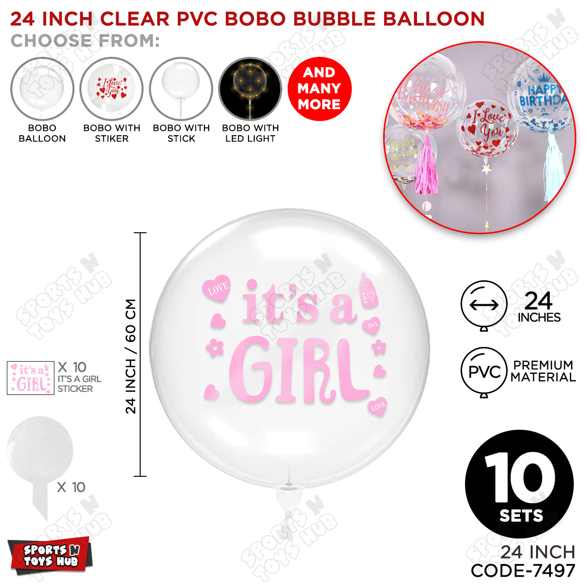 18, 24 & 36 Inch Clear PVC Bobo Bubble Balloon with “It’s a Girl” Pink Sticker – Pack of 1, 5 & 10 Baby Girl Announcement Balloon, Gender Reveal, Baby Shower Decoration, Pink Party Decor & Photo Booth