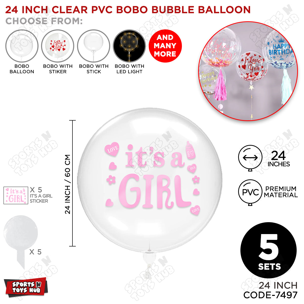 18, 24 & 36 Inch Clear PVC Bobo Bubble Balloon with “It’s a Girl” Pink Sticker – Pack of 1, 5 & 10 Baby Girl Announcement Balloon, Gender Reveal, Baby Shower Decoration, Pink Party Decor & Photo Booth