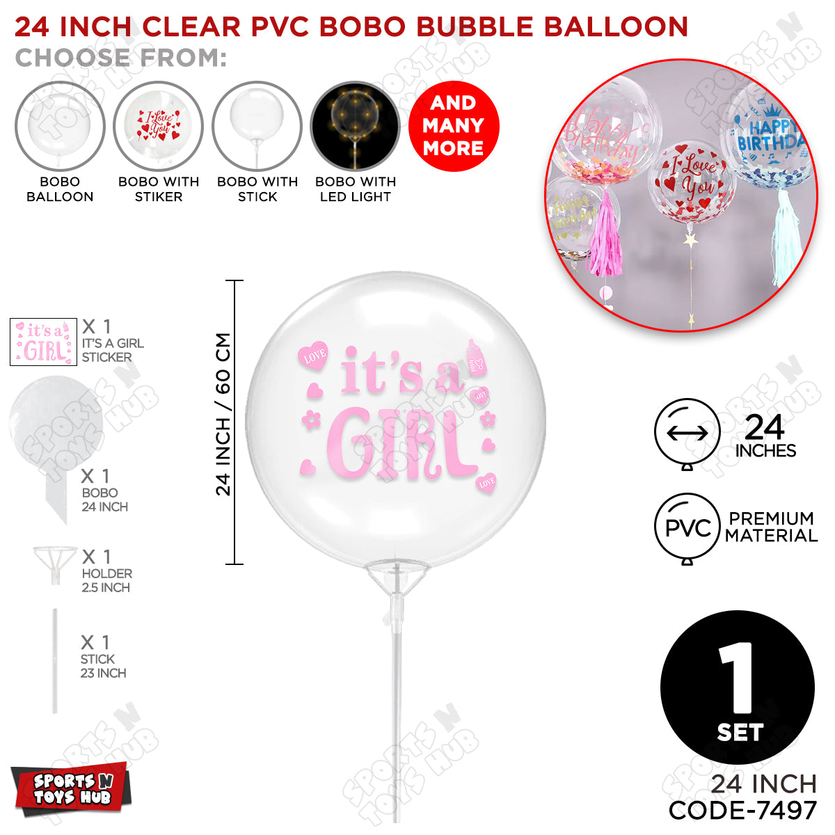 18, 24 & 36 Inch It’s a Girl Bobo Bubble Balloons with Stick – Pack of 1, 5 & 10 Clear Pink Baby Girl Announcement Balloon, Gender Reveal, Baby Shower & Party Decor