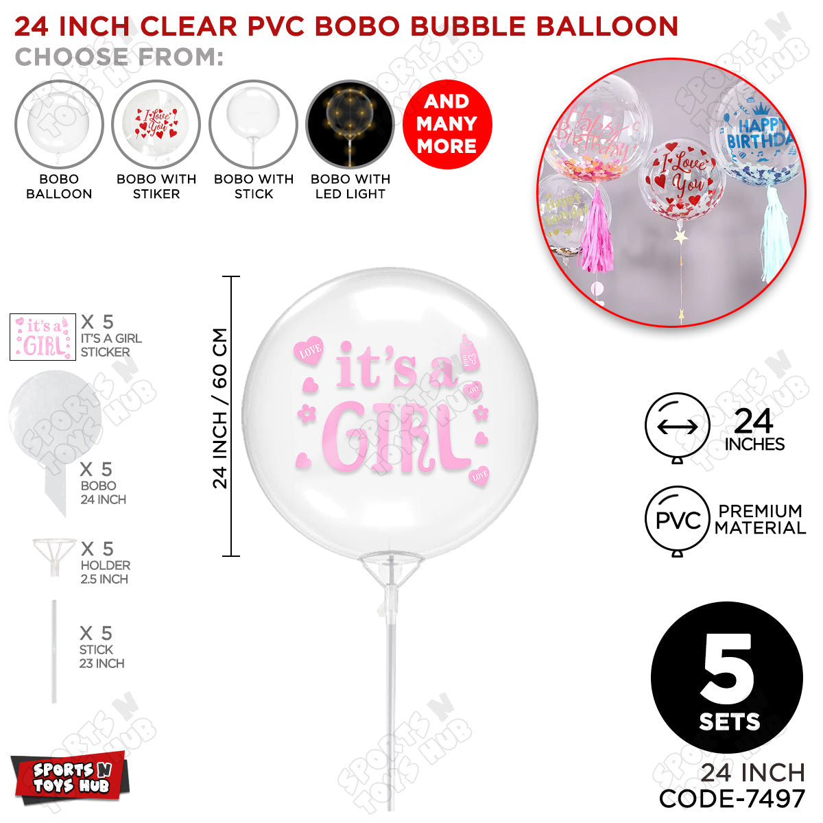 18, 24 & 36 Inch It’s a Girl Bobo Bubble Balloons with Stick – Pack of 1, 5 & 10 Clear Pink Baby Girl Announcement Balloon, Gender Reveal, Baby Shower & Party Decor