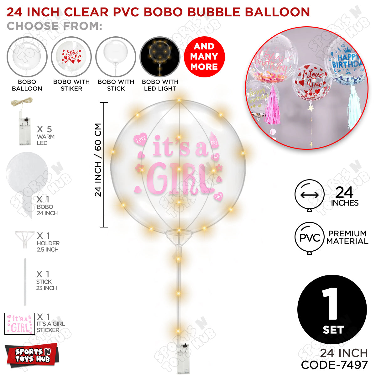 18, 24 & 36 Inch It’s a Girl Pink Bobo Bubble Balloon with Stick & LED Light – Pack of 1, 5 & 10 Baby Girl Announcement Balloon, Gender Reveal, Baby Shower Decoration, Pink Party Decor & Photo Booth