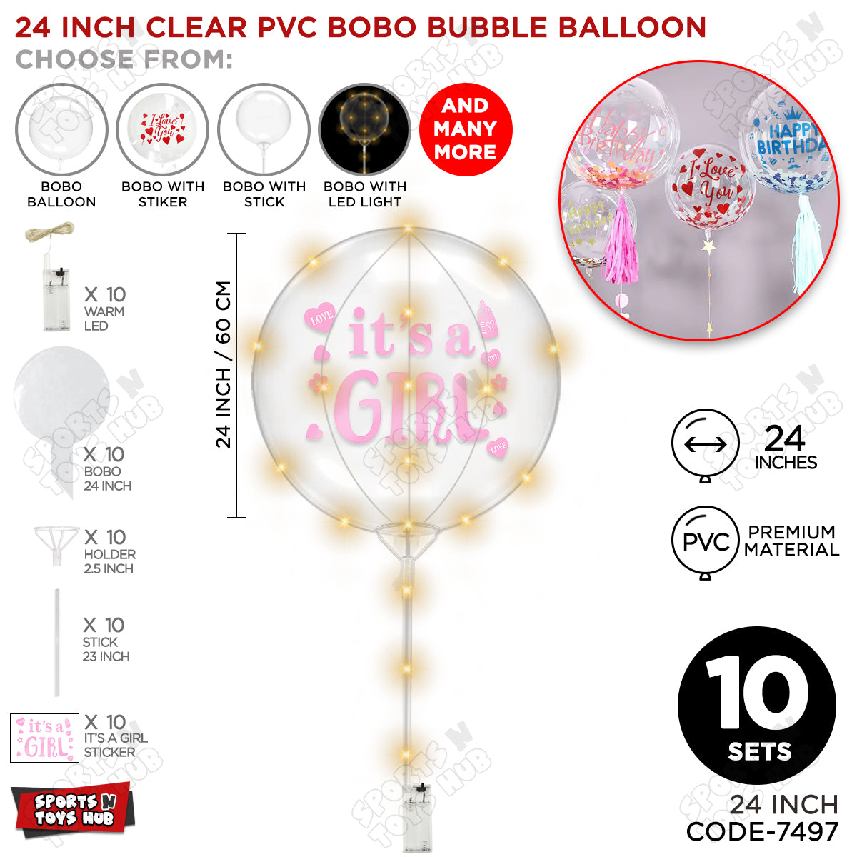 18, 24 & 36 Inch It’s a Girl Pink Bobo Bubble Balloon with Stick & LED Light – Pack of 1, 5 & 10 Baby Girl Announcement Balloon, Gender Reveal, Baby Shower Decoration, Pink Party Decor & Photo Booth