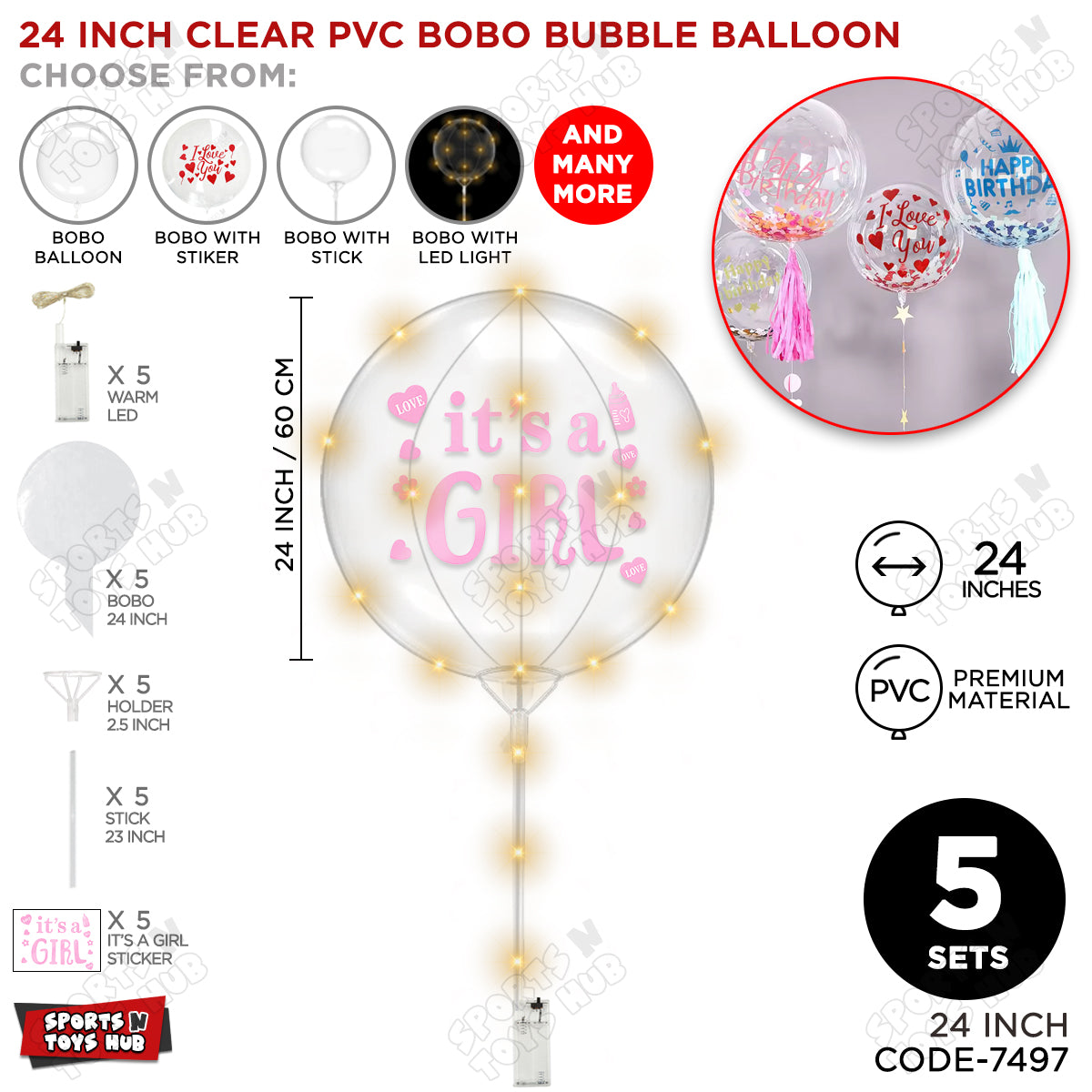 18, 24 & 36 Inch It’s a Girl Pink Bobo Bubble Balloon with Stick & LED Light – Pack of 1, 5 & 10 Baby Girl Announcement Balloon, Gender Reveal, Baby Shower Decoration, Pink Party Decor & Photo Booth