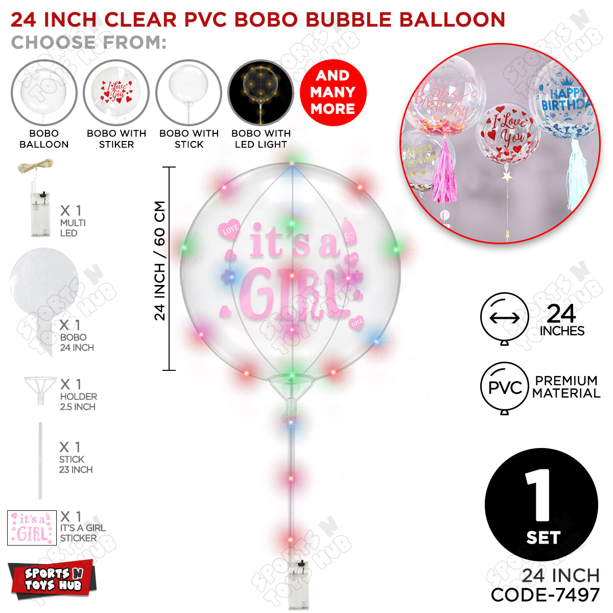 18, 24 & 36 Inch It’s a Girl Pink Bobo Bubble Balloon with Stick & LED Light – Pack of 1, 5 & 10 Baby Girl Announcement Balloon, Gender Reveal, Baby Shower Decoration, Pink Party Decor & Photo Booth