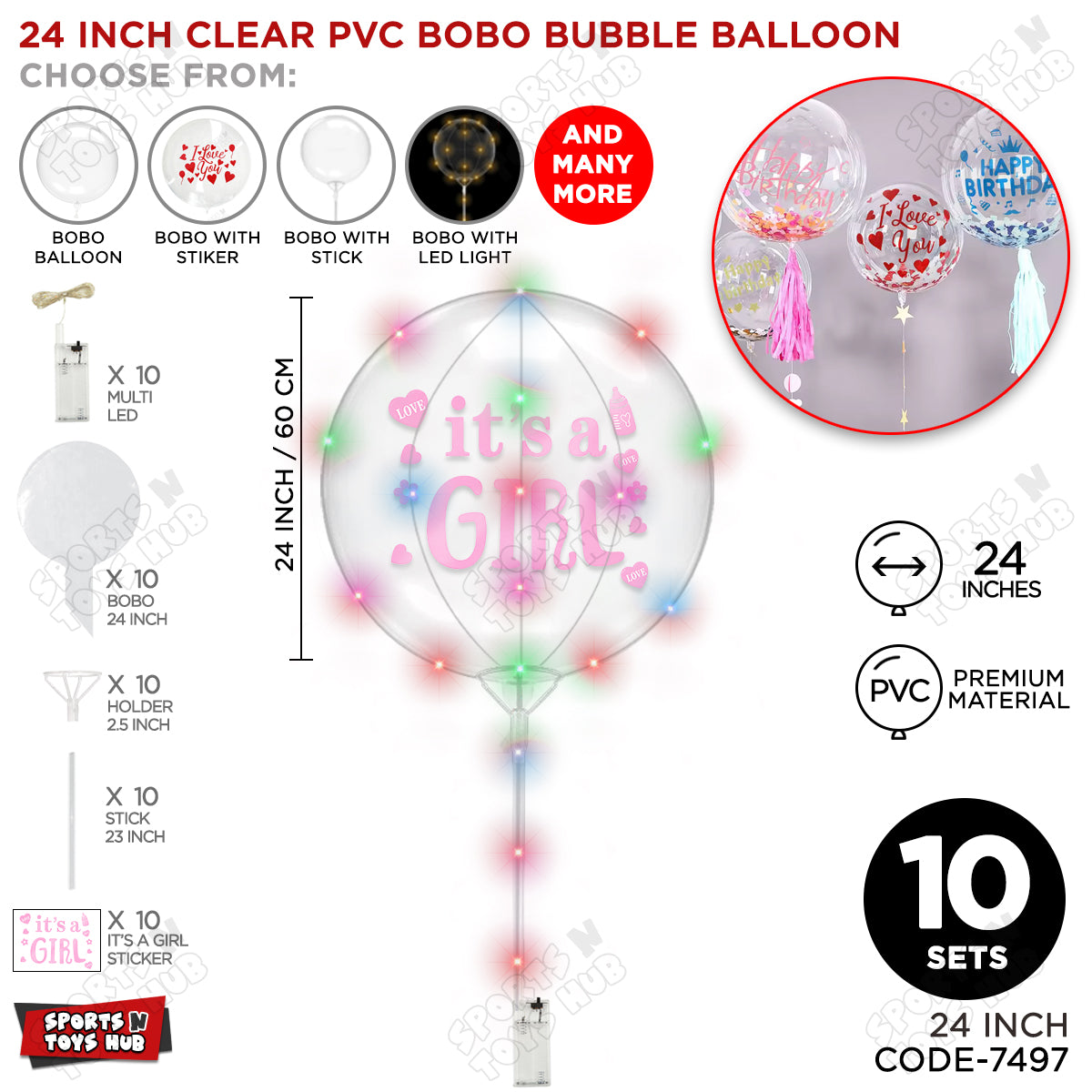 18, 24 & 36 Inch It’s a Girl Pink Bobo Bubble Balloon with Stick & LED Light – Pack of 1, 5 & 10 Baby Girl Announcement Balloon, Gender Reveal, Baby Shower Decoration, Pink Party Decor & Photo Booth