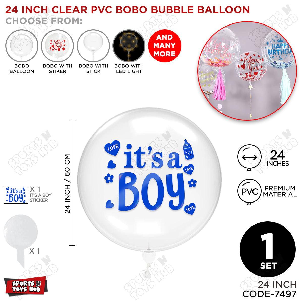 Clear PVC Bobo Bubble Balloon with “It’s a Boy” Sticker – 18, 24 & 36 Inch Sizes, Pack of 1, 5 & 10, Baby Boy Announcement Balloon, Gender Reveal, Baby Shower & Party Decoration