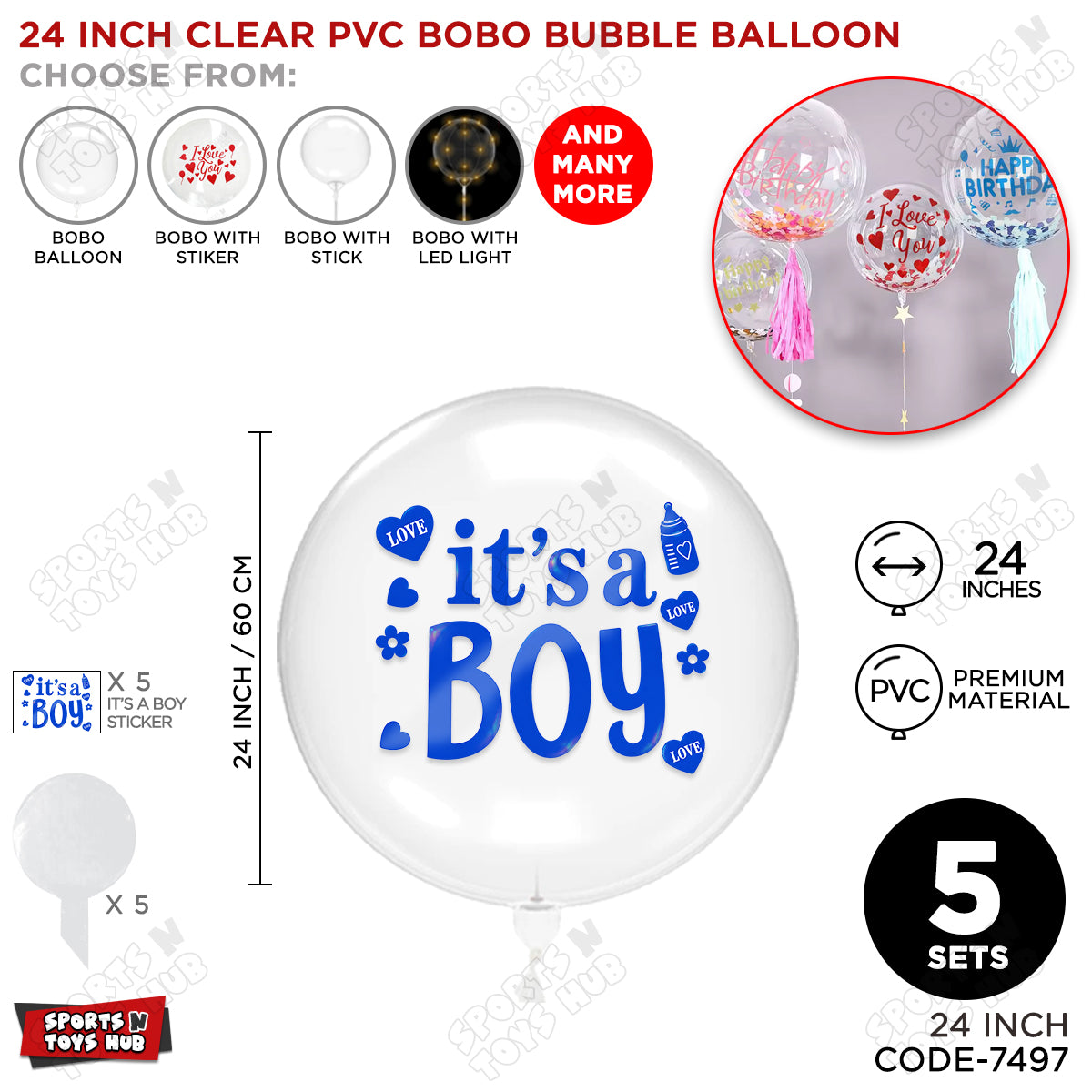 Clear PVC Bobo Bubble Balloon with “It’s a Boy” Sticker – 18, 24 & 36 Inch Sizes, Pack of 1, 5 & 10, Baby Boy Announcement Balloon, Gender Reveal, Baby Shower & Party Decoration