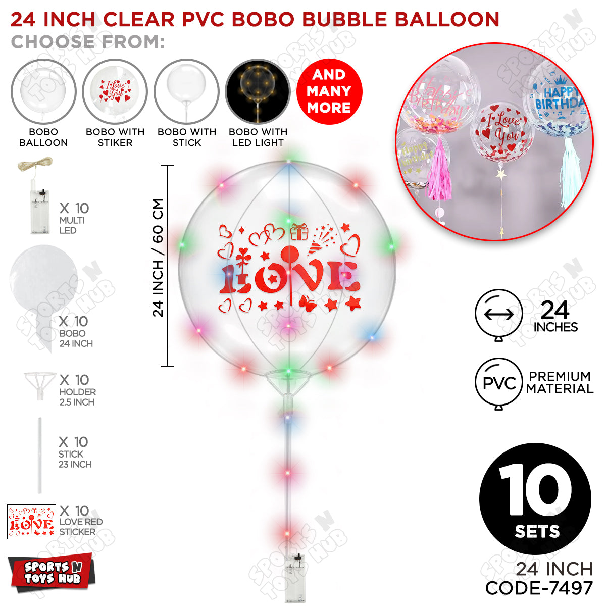 Love Red Color Sticker With BOBO Balloon Stick & LED Light