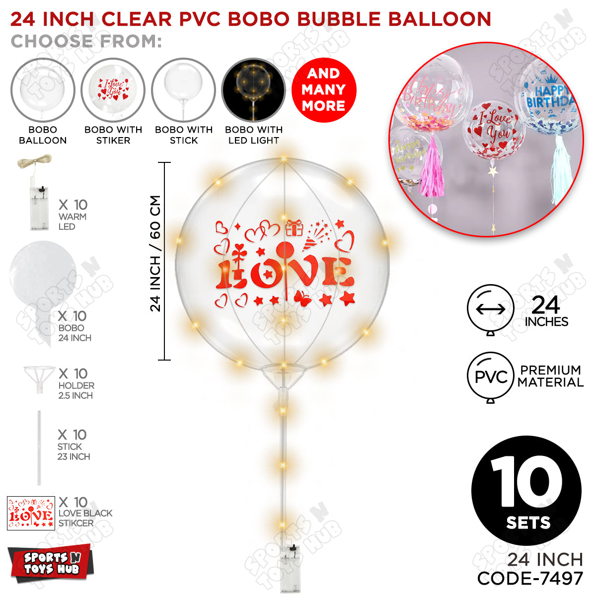 Love Red Color Sticker With BOBO Balloon Stick & LED Light