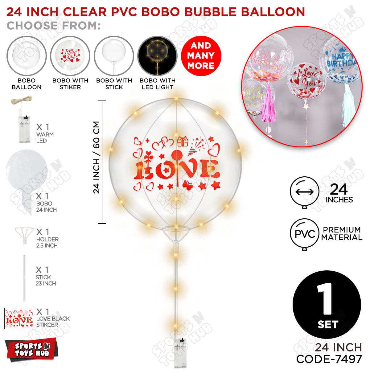 Love Red Color Sticker With BOBO Balloon Stick & LED Light