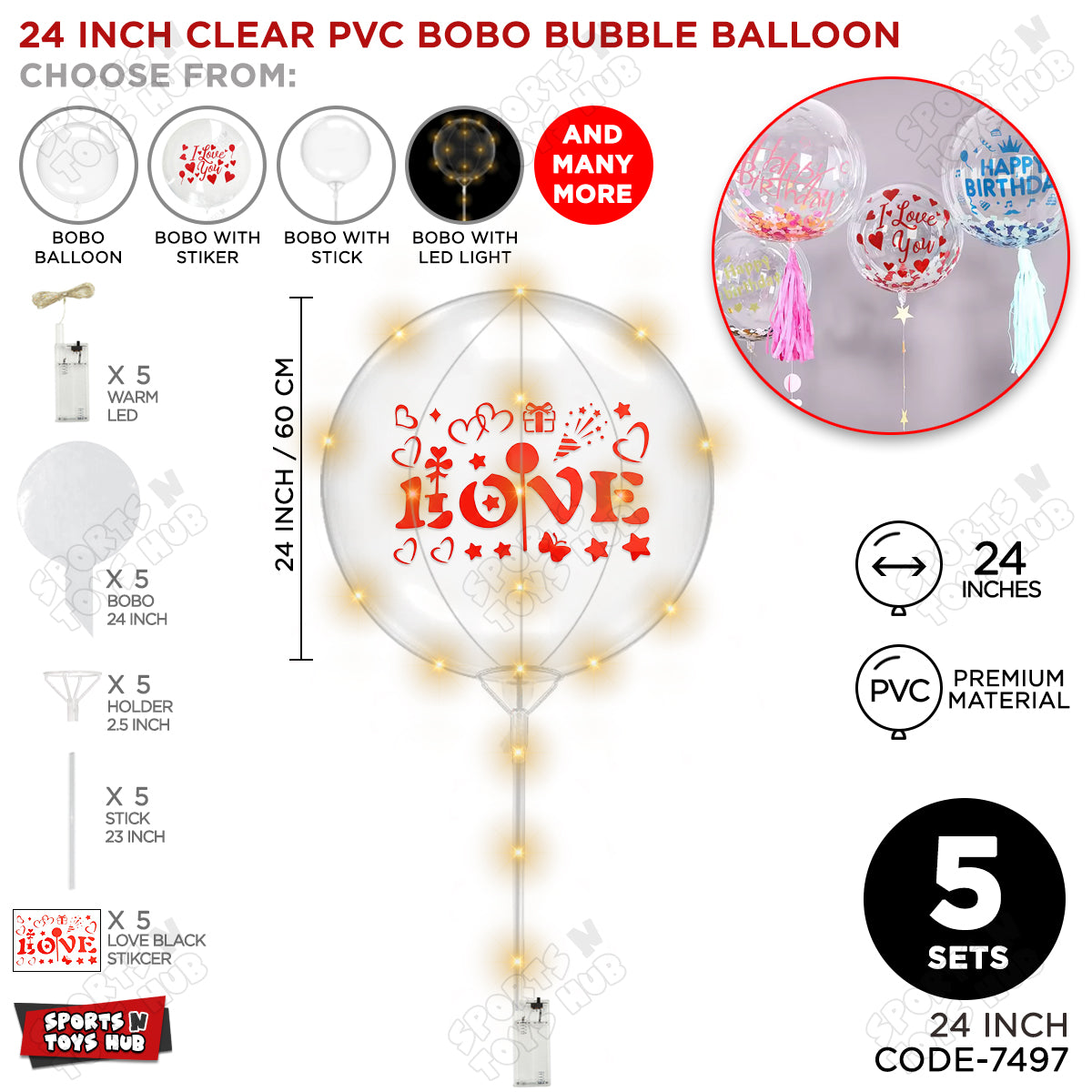 Love Red Color Sticker With BOBO Balloon Stick & LED Light