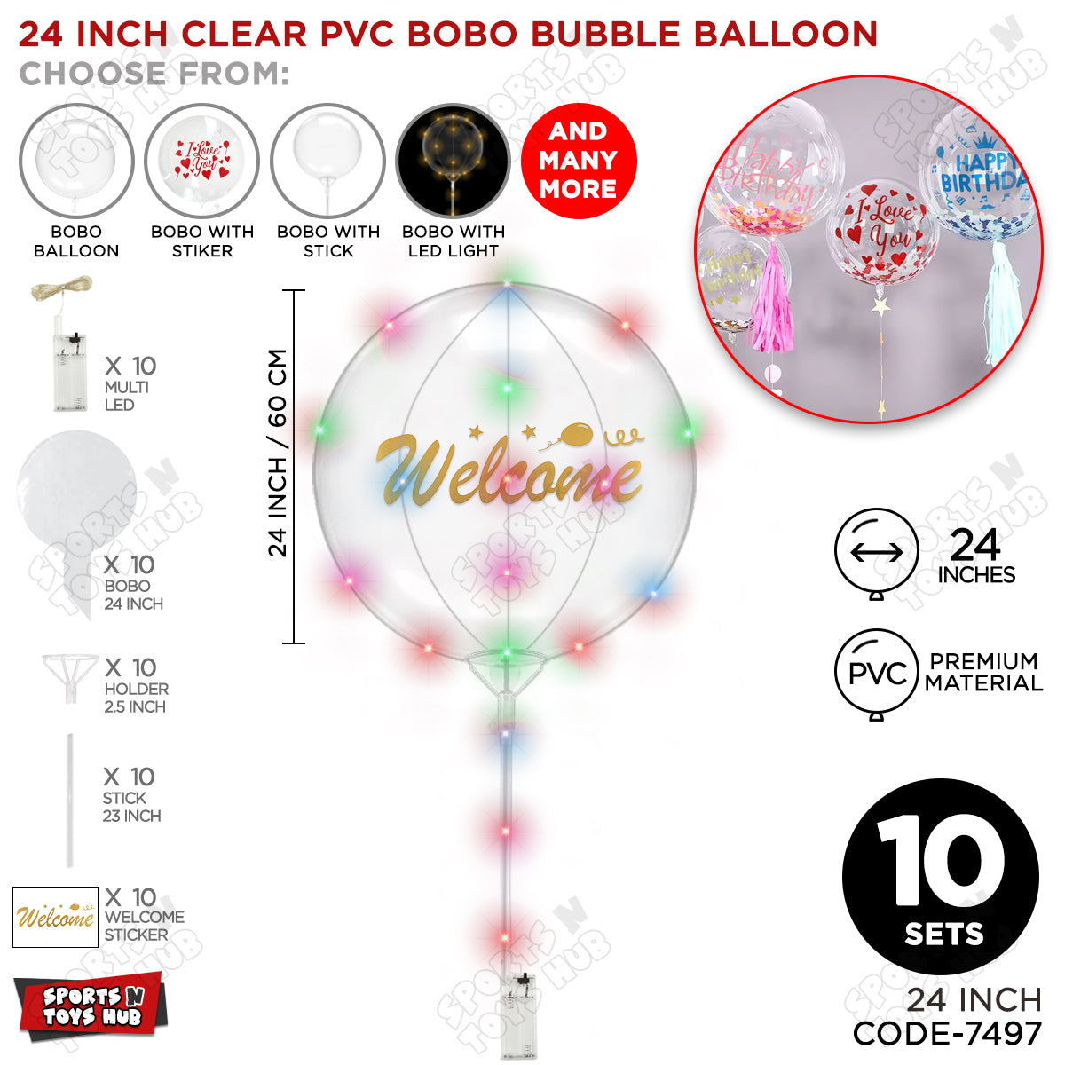 Welcome Gold Color Sticker With BOBO Balloon Stick & LED Light