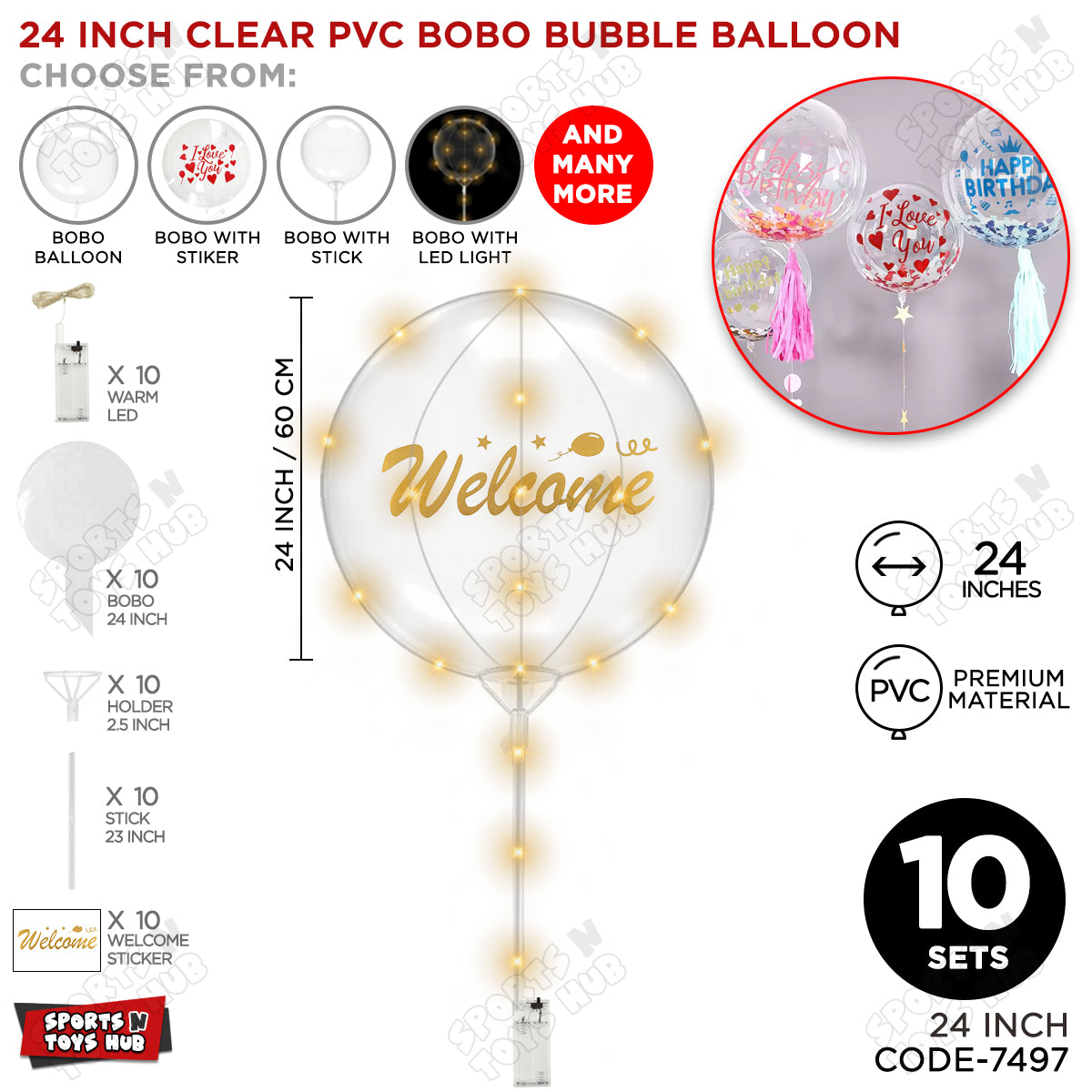 Welcome Gold Color Sticker With BOBO Balloon Stick & LED Light