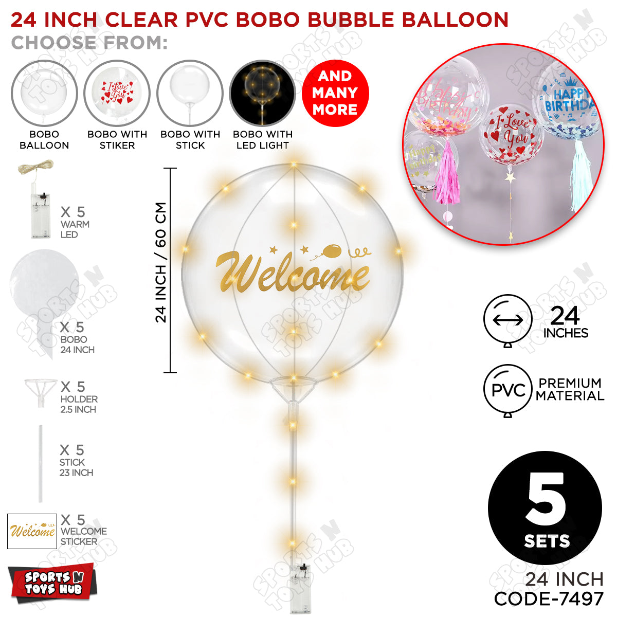 Welcome Gold Color Sticker With BOBO Balloon Stick & LED Light