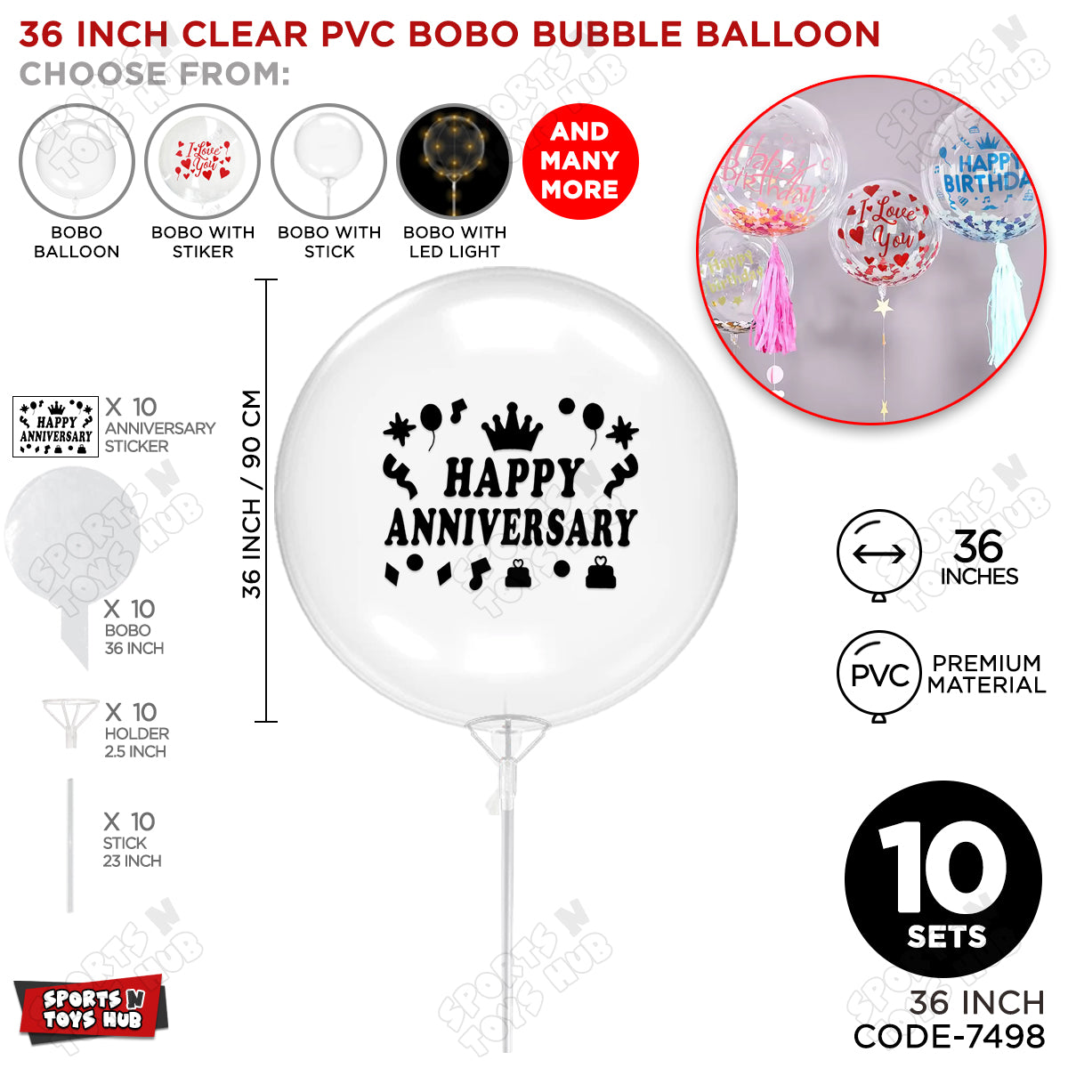 Happy Anniversary Black Color Sticker With Bobo Balloon & Stick