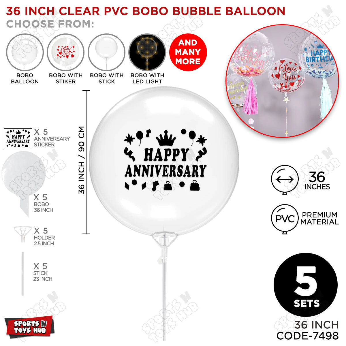 Happy Anniversary Black Color Sticker With Bobo Balloon & Stick