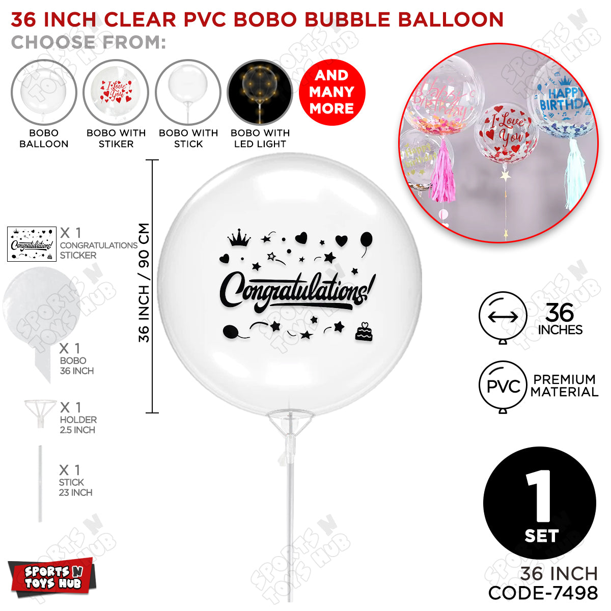 Congratulations Black Color Sticker With Bobo Balloon & Stick