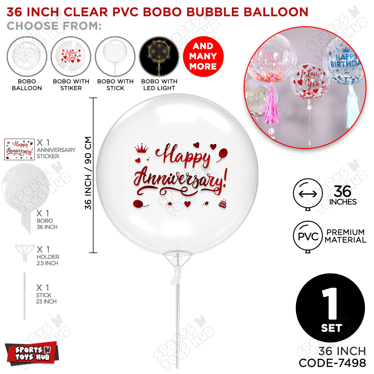 Happy Anniversary Red Color Sticker With Bobo Balloon & Stick