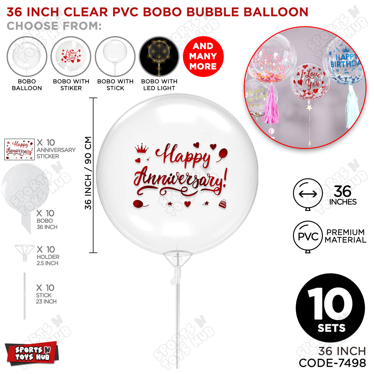 Happy Anniversary Red Color Sticker With Bobo Balloon & Stick